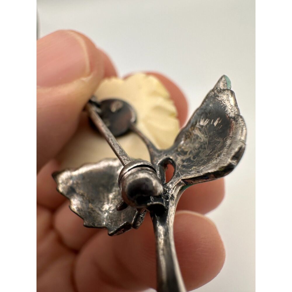Vintage Carved Bone Rose Silver and Enamel Brooch - Picture 3 of 13